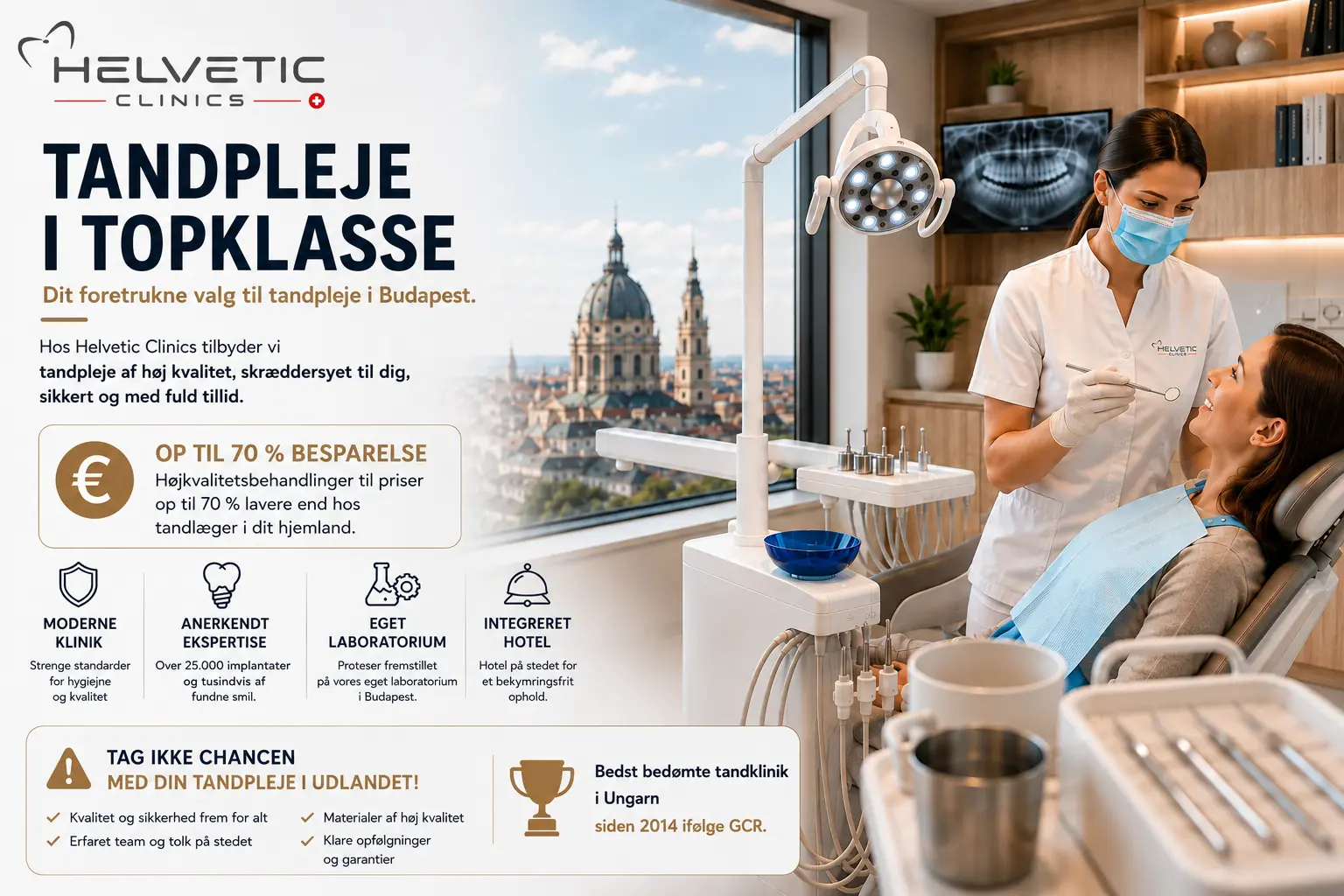 Tandpleje i udlandet hos Helvetic Clinics i Budapest: moderne tandklinik, tandlæge med patient, integreret laboratorium og op til 70 % besparelse på tandbehandlinger af høj kvalitet.
