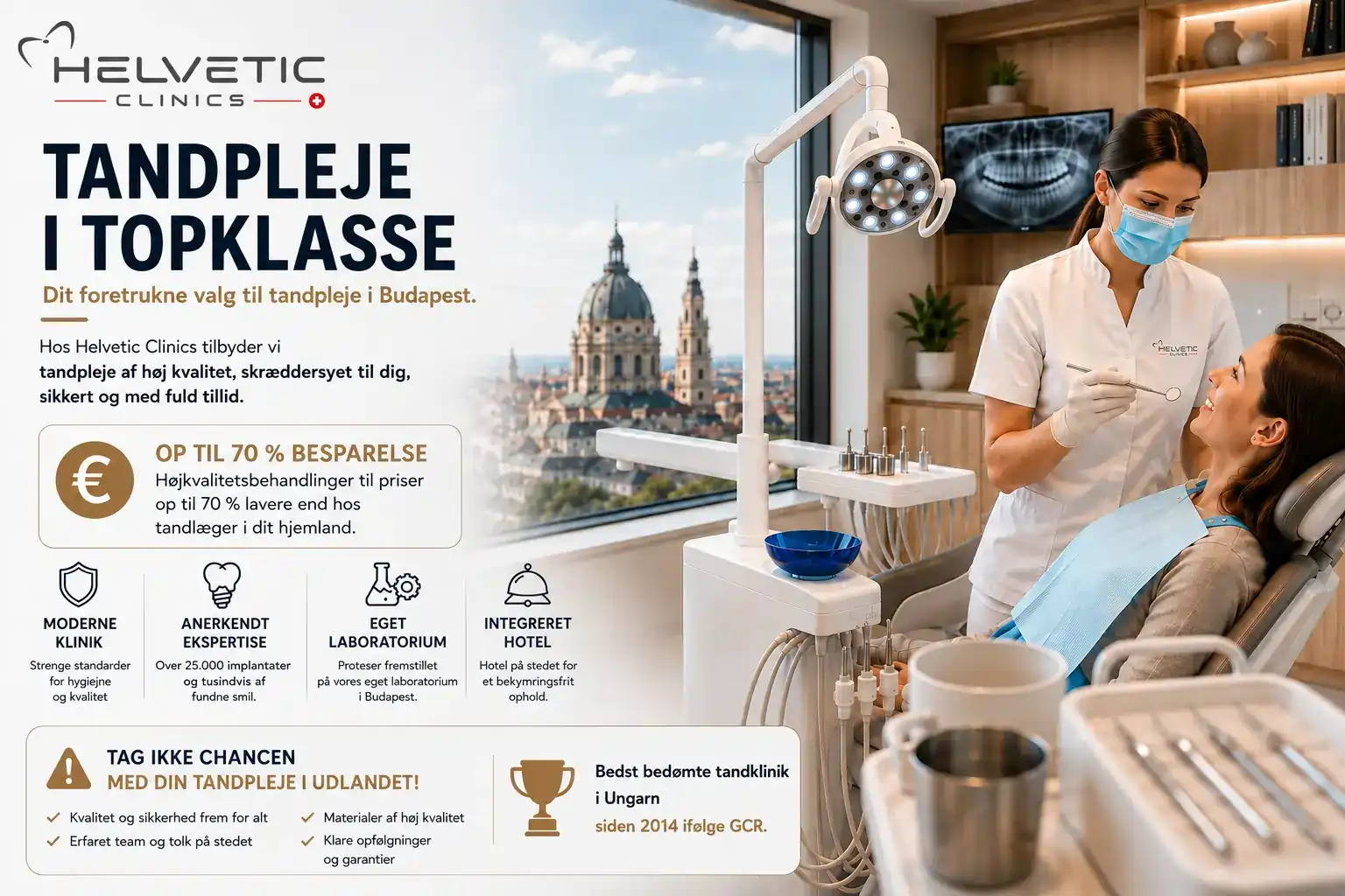 Tandpleje i udlandet hos Helvetic Clinics i Budapest: moderne tandklinik, tandlæge med patient, integreret laboratorium og op til 70 % besparelse på tandbehandlinger af høj kvalitet.