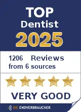 Top Dentist 2025 – Helvetic Clinics har opnået vurderingen 'Very Good' baseret på 1.205 anmeldelser fra seks forskellige platforme.