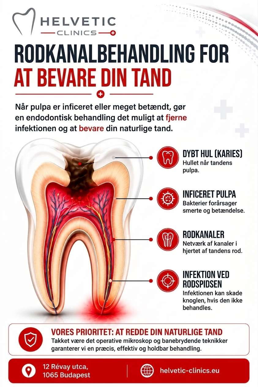 Forklarende skema af en rodbehandling udført under mikroskop, der viser de enkelte endodontiske trin til fjernelse af tandinfektion og bevarelse af den naturlige tand hos Helvetic Clinics Budapest.