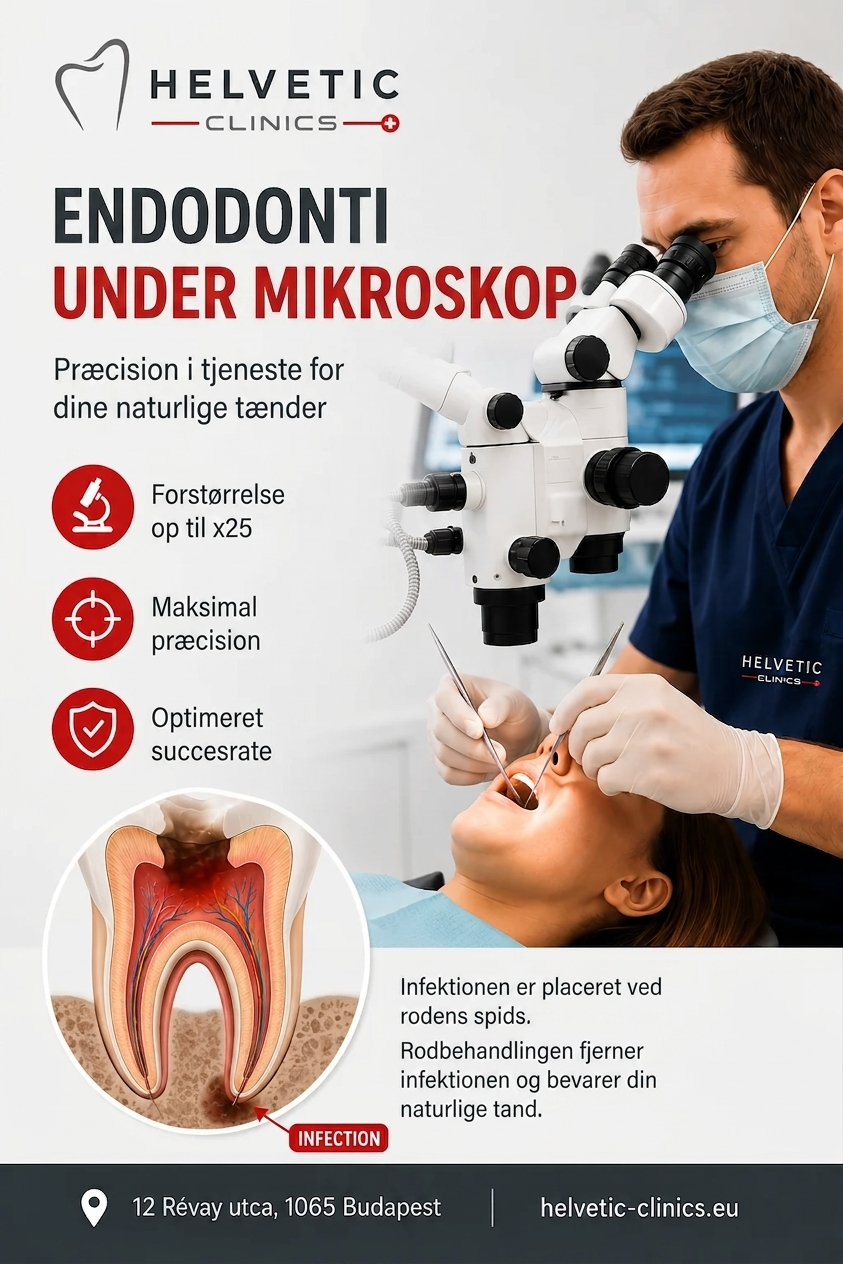 Endodontisk behandling under mikroskop illustreret ved en røntgenundersøgelse, der viser en rodinfektion, som behandles for at bevare den naturlige tand hos Helvetic Clinics i Budapest.