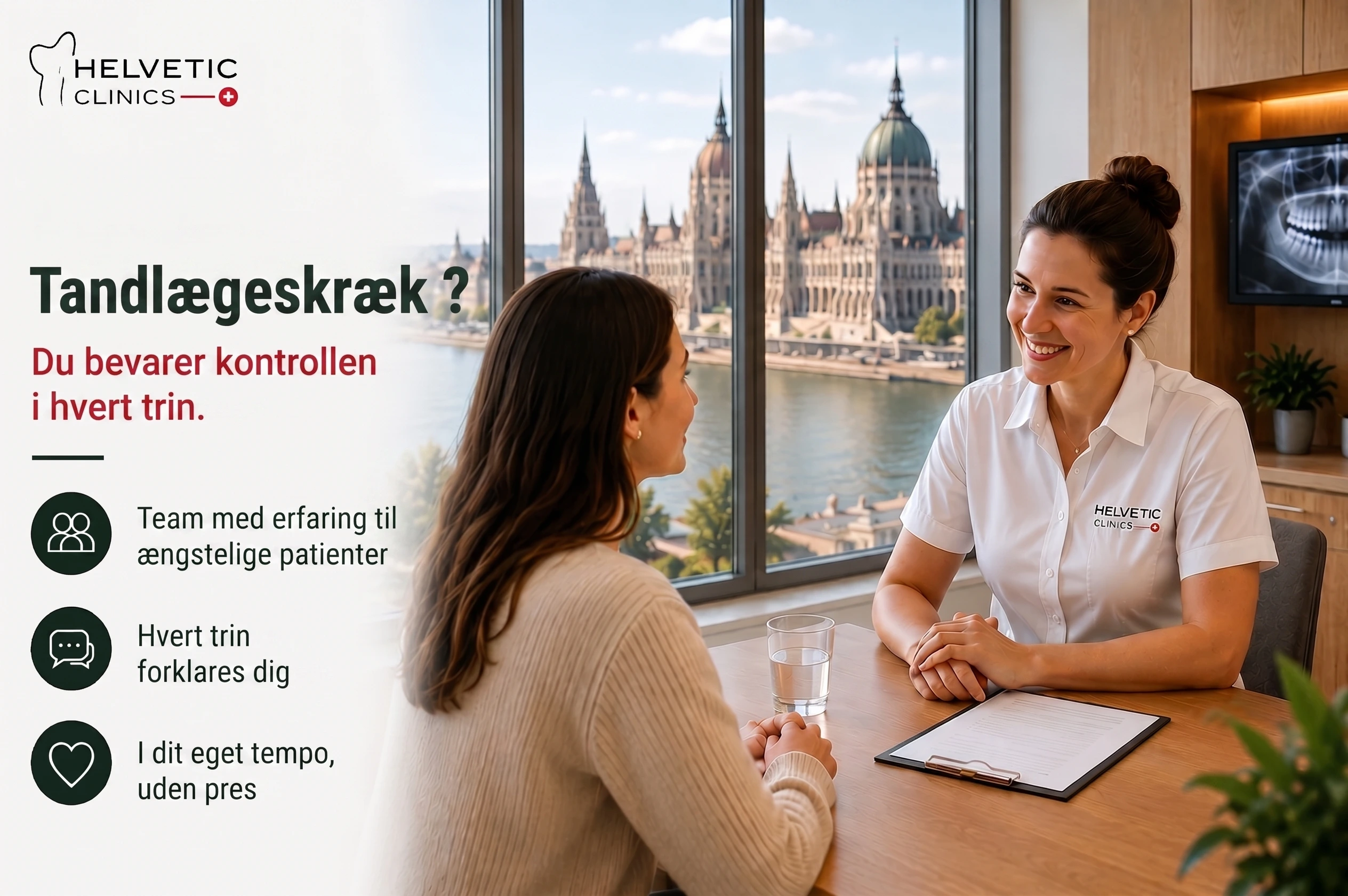 Fire niveauer af behandling mod tandlægeskræk hos Helvetic Clinics Budapest: psykologisk støtte, bevidst sedation, intravenøs sedation og fuld narkose.