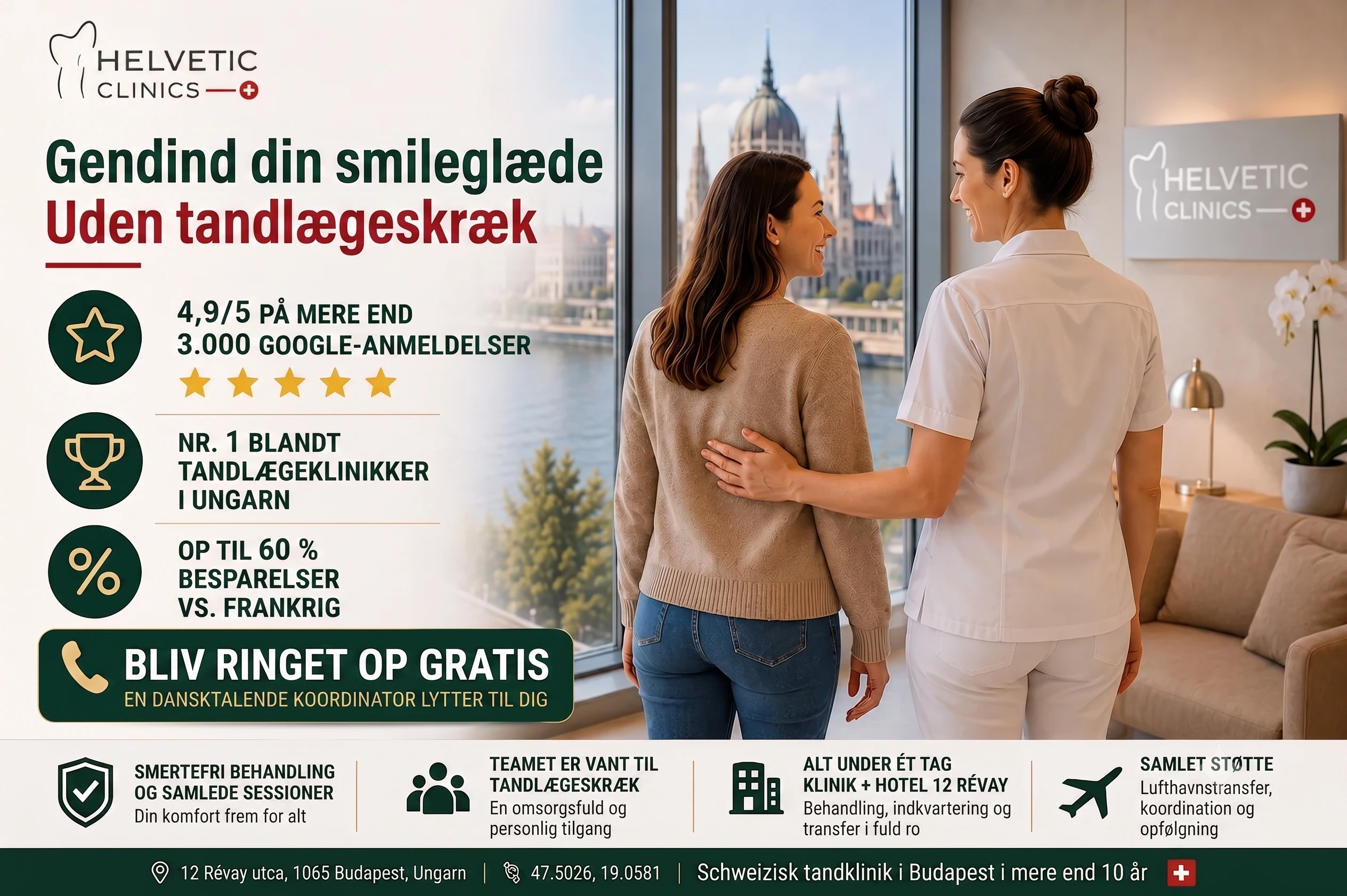 Patient med tandlægeskræk bliver beroliget af en dansktalende koordinator før behandling hos Helvetic Clinics i Budapest.